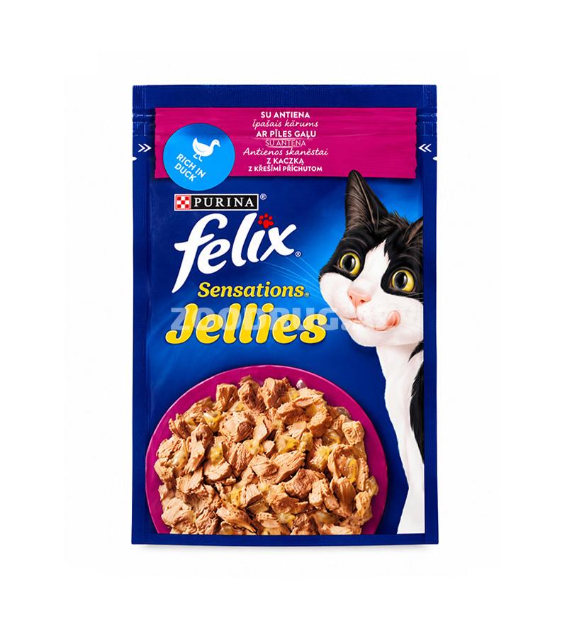 Влажный корм Felix Sensations Jellies с уткой в желе — полнорационный корм для взрослых кошек.