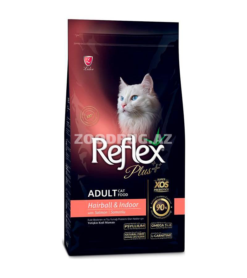 Сухой корм Reflex Adult Cat Hairball&Indoor Salmon для выведения шерсти, защита желудочно-кишечного тракта и мочеполовой системы у взрослых кошек со вкусом лосося.