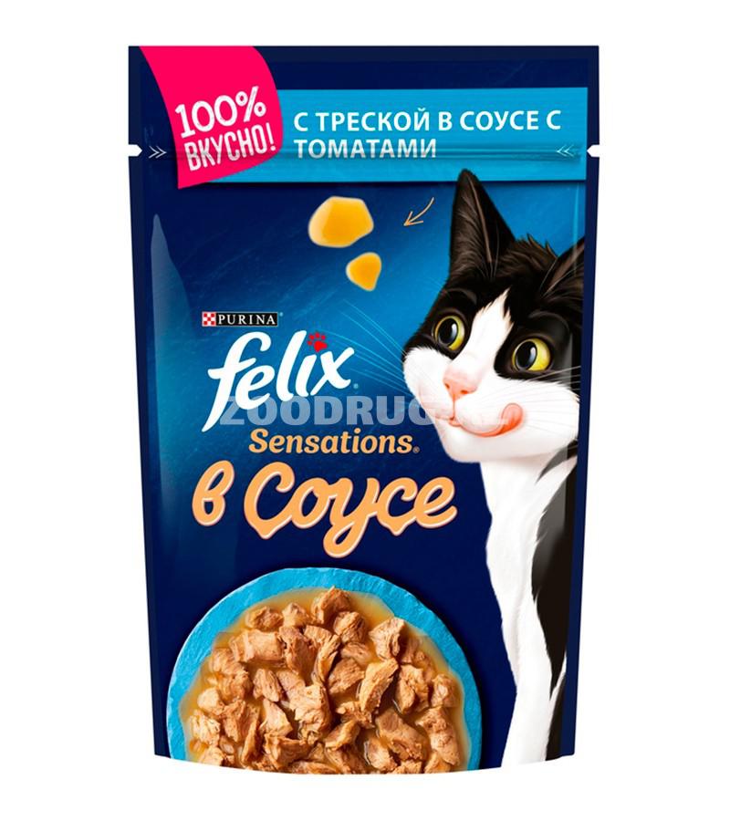 Влажный корм Felix Sensations для взрослых кошек со вкусом трески в соусе с томатами 75 гр.