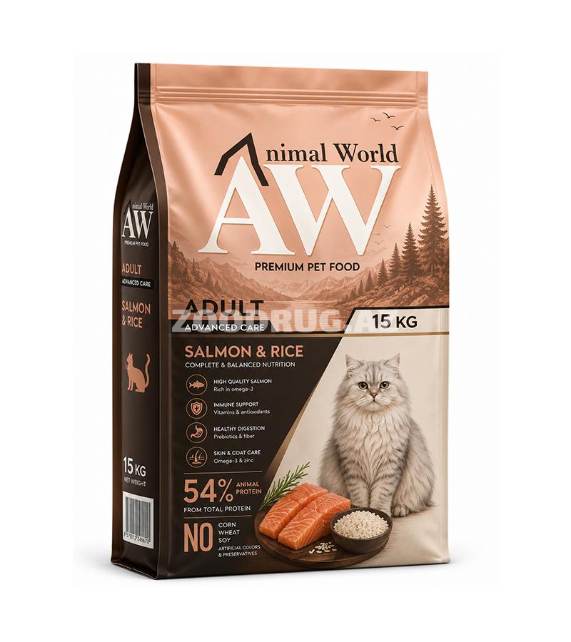 Сухой корм Animal World Adult Advanced Care Salmon & Rice - для взрослых кошек, разработанный для ежедневного питания и поддержания отличного самочувствия питомца со вкусом лосося.