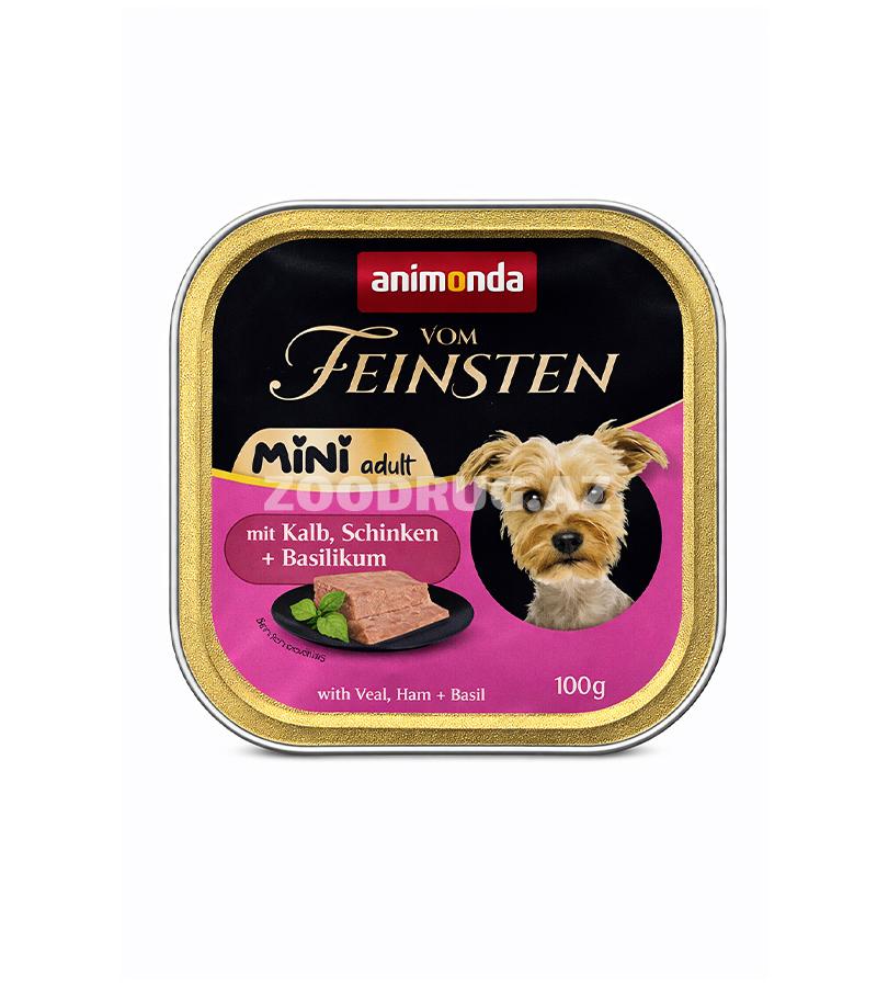 Влажный корм Animonda Vom Feinsten Mini Adult с телятиной, ветчиной и базиликом для взрослых собак мелких пород.