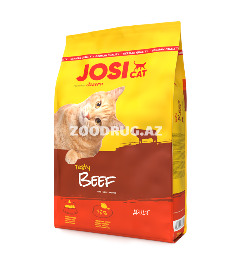 Josera JosiCat Tasty Beef – Quru yem Böyüklər üçün tam rasionlu yem, həm ev pişikləri, həm də çöldə gəzən pişiklər üçün. Dana əti dadı ilə hazırlanmışdır mal əti dadı ilə