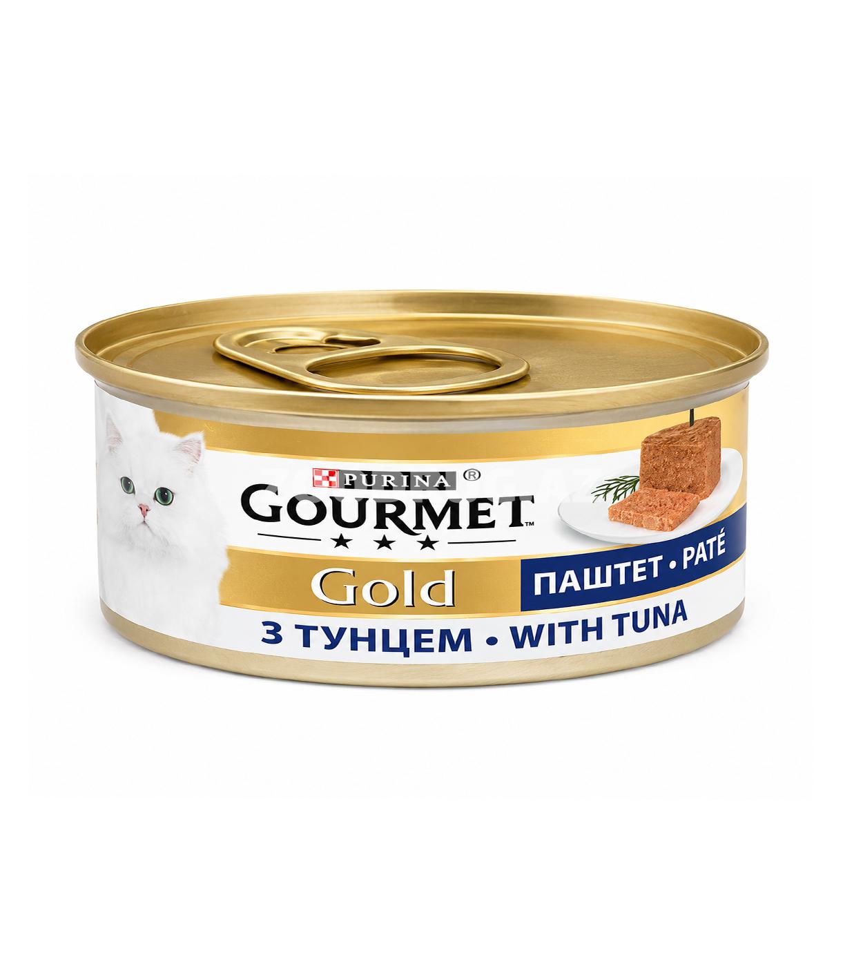 Konserv Purina Gourmet Gold Pate - 85 qr, tuna dadı ilə yetkin pişiklər üçün zərif paştet formasında yaş yem.