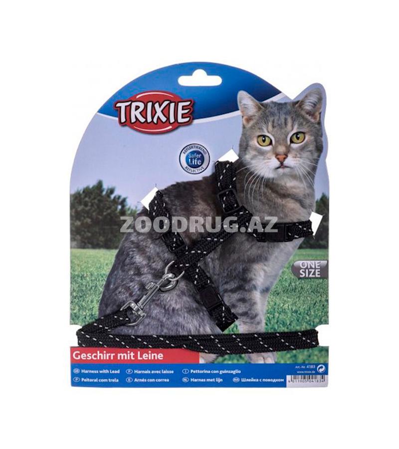 Шлейка Trixie с поводком для кошек. Цвет: Черный. Размер: 18-35 см.