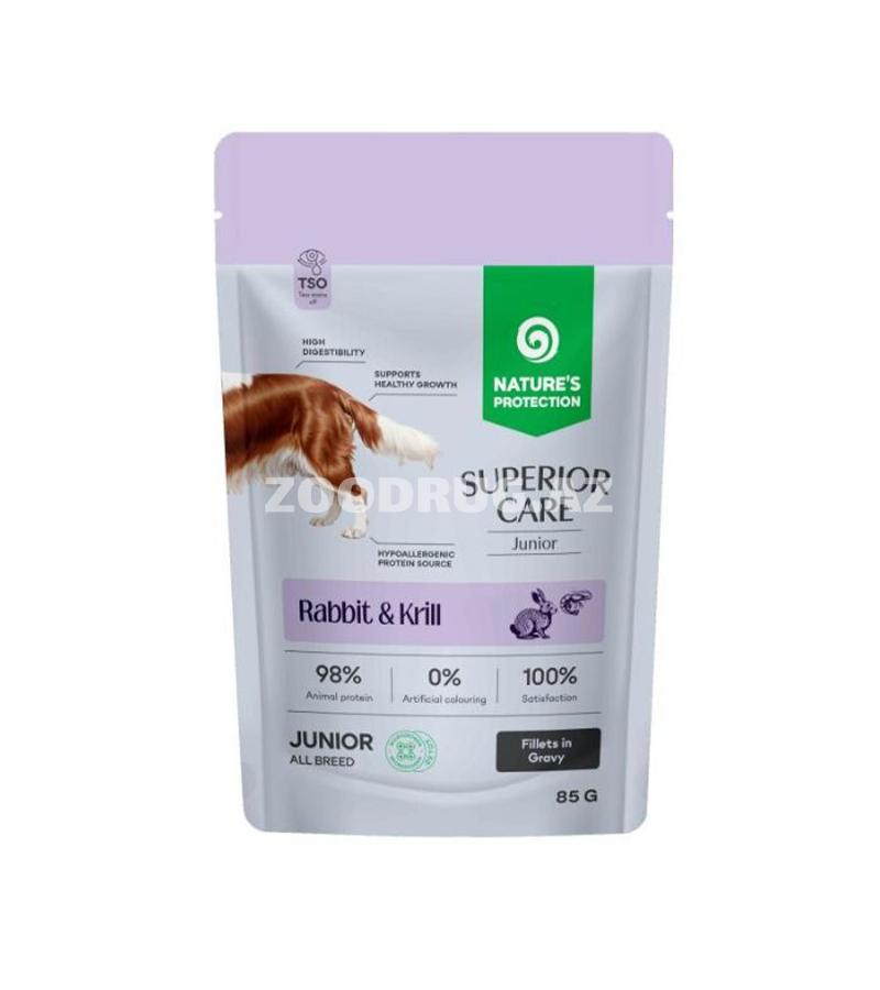 Nature’s Protection Superior Care Rabbit & Krill Junior 85 q dovşan və krill dadlı bütün cins it balaları üçün yaş yem.