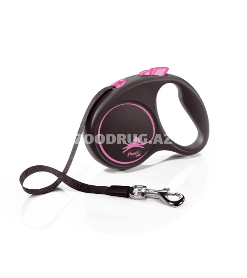 Поводок-рулетка Flexi Black Design Tape Style. Размер S. Цвет: Розовый. Длинна: 5 метра. До15 кг.