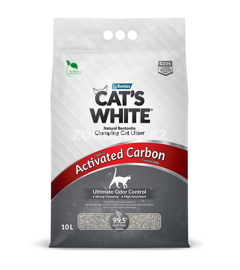Наполнитель комкующийся CAT'S WHITE ACTIVATED CARBON для туалета кошек с активированным углем (10 л)