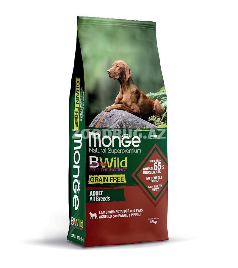 Сухой корм Monge Dog BWild Grain Free с ягненком, картофелем и горохом для взрослых собак всех пород.
