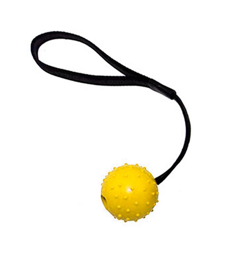 Игрушка O.L.KAR "Мяч с шипами на ленте" для собак. Цвет: Желтый. Диаметр: 6 см. Длинна: 30 см.