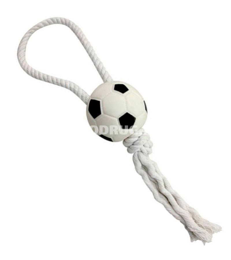 Игрушка O.L.KAR "Веревка с футбольным мячом" для собак. Диаметр: 10 см. Длинна: 34 см.