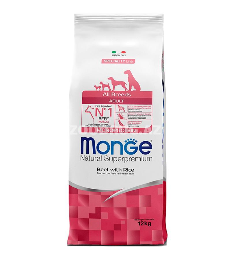 Сухой корм Monge All Breeds Adult монобелковый для взрослых собак всех пород со вкусом говядины и риса.