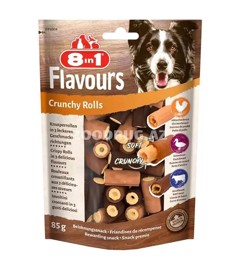 Лакомство 8in1 Flavours Crunchy Rolls — хрустящие рулетики с нежной мягкой начинкой, приготовленные сразу в трёх вкусах: курица, утка и говядина.