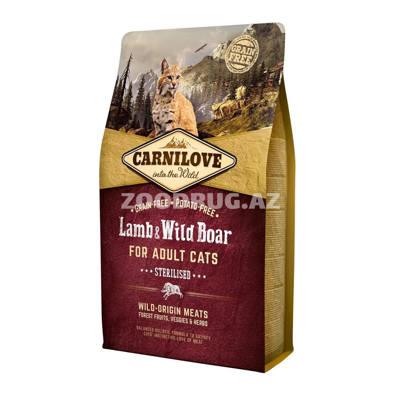 Сухой корм Carnilove Cat Lamb & Wild Boar Sterilised полнорационный беззерновой корм с ягненком и диким кабаном для стерилизованных кошек и кастрированных котов.