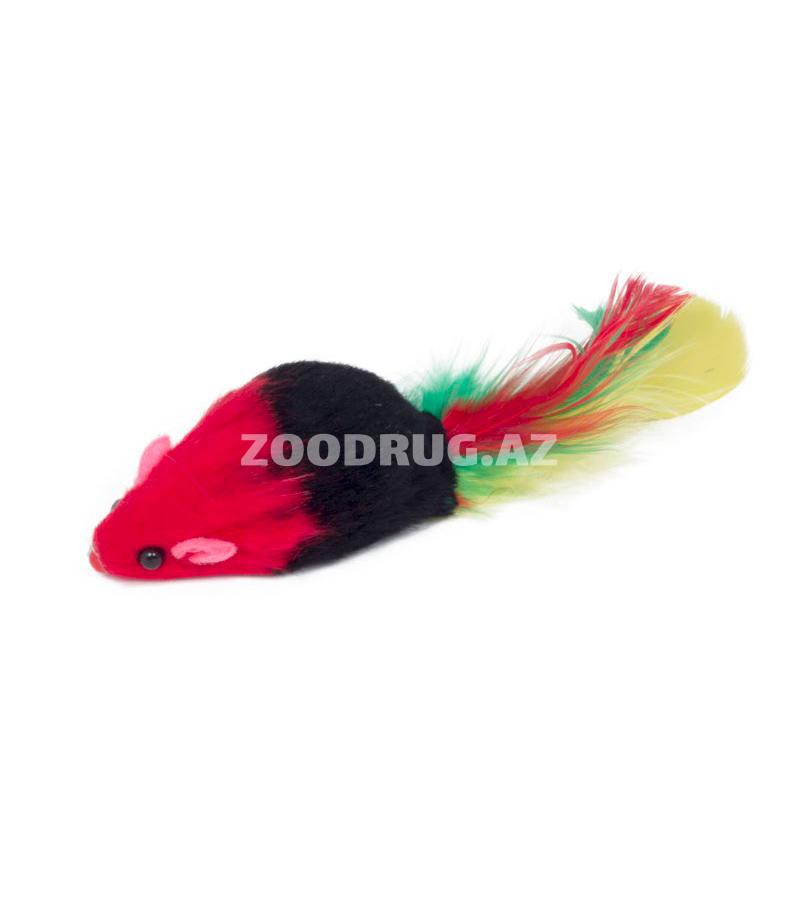 Мышь-погремушка Beeztees с пером цветная игрушка для кошек 1 шт.