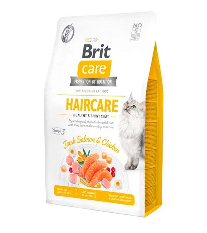 Гипоаллергенный сухой корм BRIT CARE CAT  HAIRCARE без зерновой для взрослых кошек с чувствительной кожей и шерстью с лососем и курицей