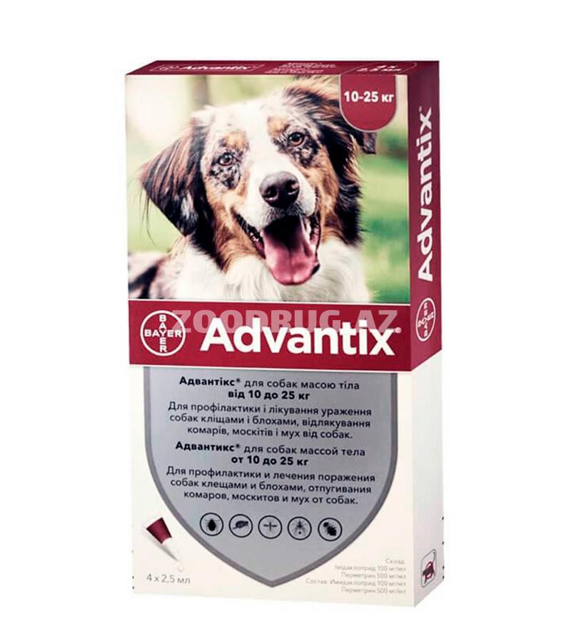 Капли ADVANTIX для собак весом от 10 до 25 кг против клещей, блох, вшей, власоедов и других насекомых (1 пип. 2,5 мл)