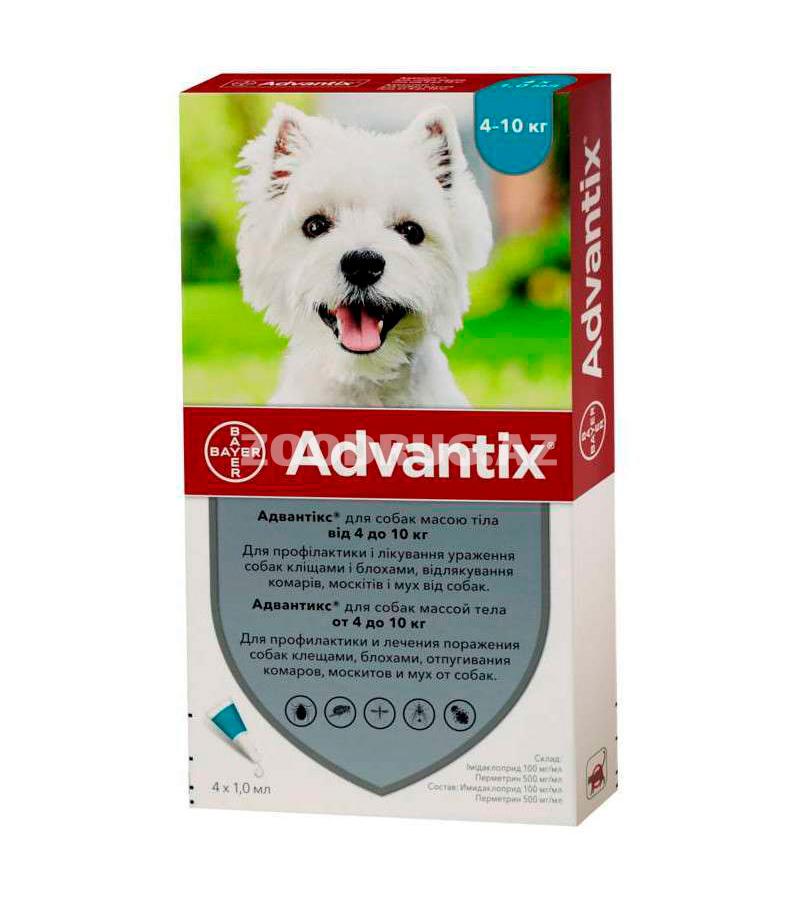 Капли ADVANTIX для собак весом  от 4 до 10  кг против клещей, блох, вшей, власоедов и других насекомых (1 пип. 1 мл)