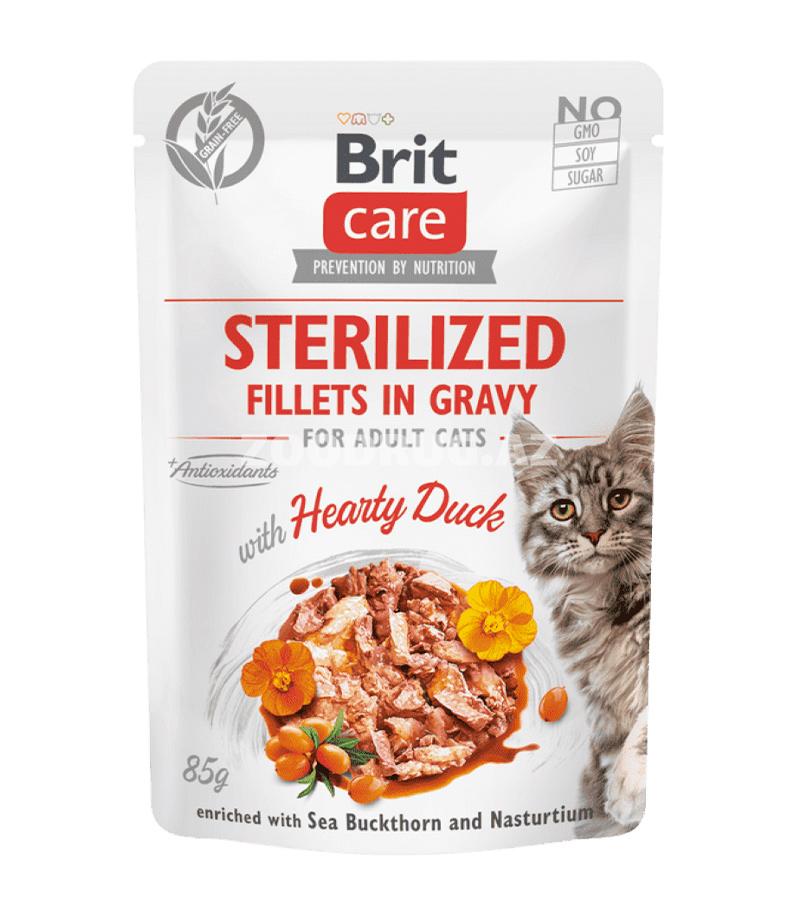 Влажный корм Brit Care Cat Sterilised Fillets in Gravy with Hearty Duck филе в соусе с уткой, полнорационный беззерновой для кастрированных котов и стерилизованных кошек 85 гр.