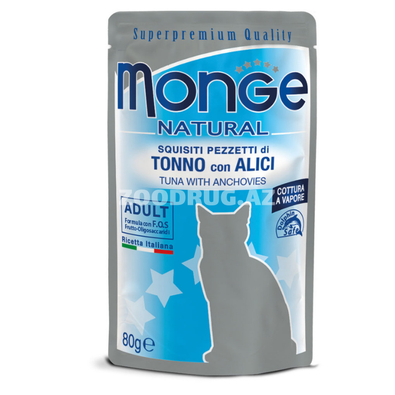 Monge Natural Adult yaş qidası — buxarda hazırlanmış təbii ton balığı və hamsi parçaları olan pişik paçeti (80 q).
