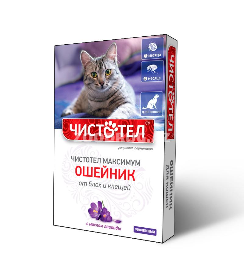 Ошейник ЧИСТОТЕЛ ПЛЮС для кошек против блох и клещей. Цвет: Фиолетовый. Длина: 35 см.