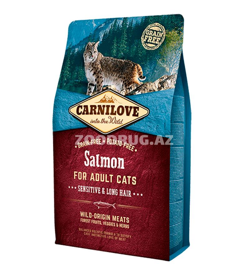 Сухой корм CARNILOVE CAT ADULT SENSITIVE & LONG HAIR SALMON беззерновой для взрослых кошек при аллергии с лососем 