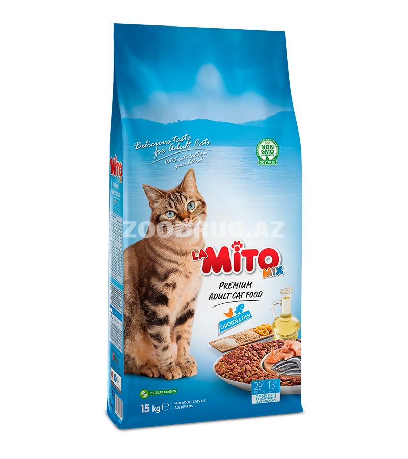 Сухой корм Mito Mix Chicken&Fish Adult Cat сбалансированный рацион для взрослых кошек с курицей и рыбой.