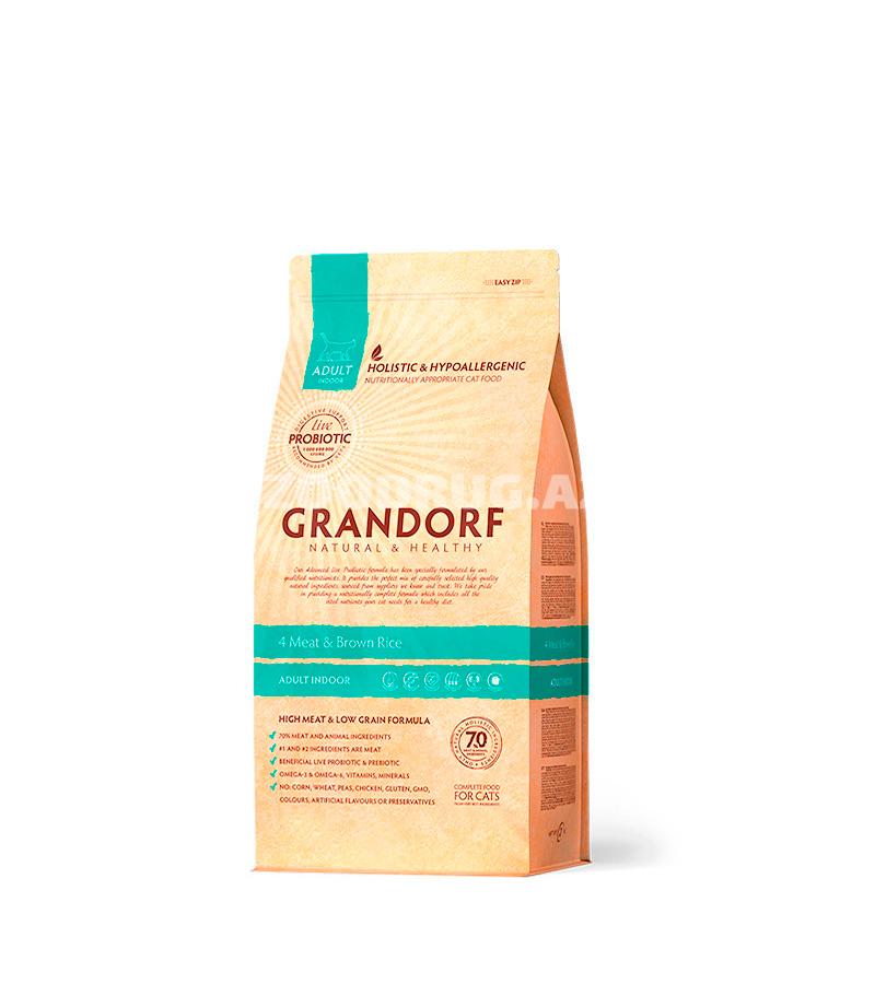 Гипоаллергенный сухой корм корм класса ХОЛИСТИК (70% мяса) GRANDORF CAT LIVING PROBIOTICS 4 MEAT & RICE INDOOR с пробиотиками для взрослых кошек 4 вида мяса ,бурый рис (400 гр)