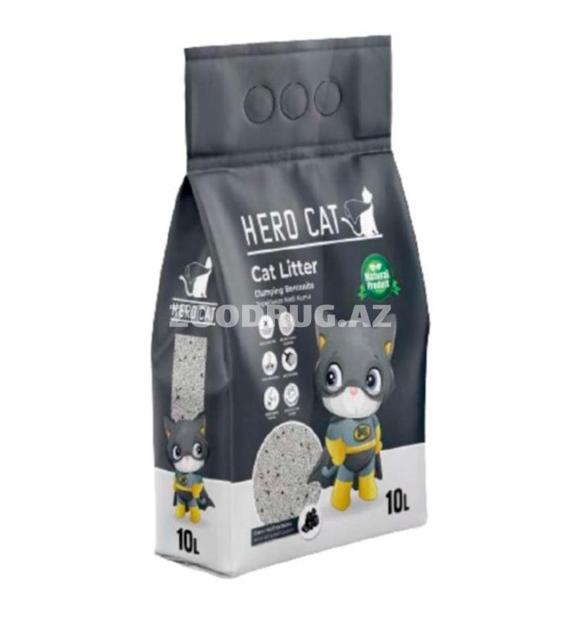 Наполнитель для кошачьего туалета Hero Cat Carbon, бентонитовый, комкующийся без запаха угольный 10 лтр.