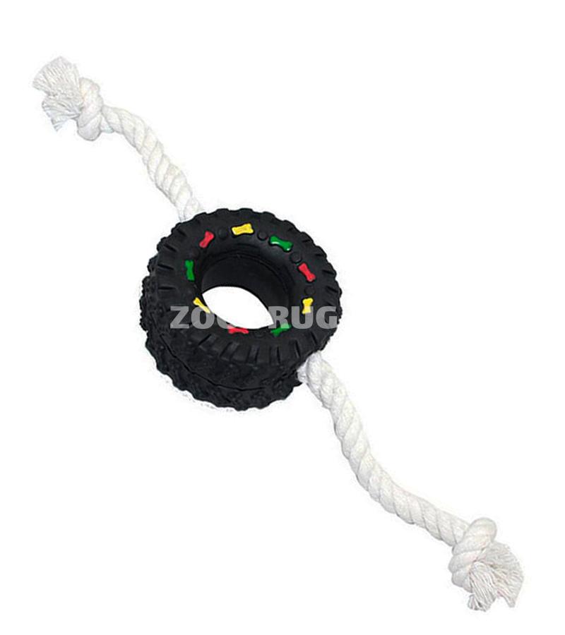 Игрушка O.L.KAR "Шина на веревке" с пищалкой для собак. Цвет: Черный. Диаметр: 8 см.