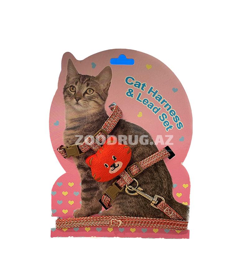 Шлейка Cat Harness с поводком для кошек. Цвет: Красный. Размер: 34x26x6 см.