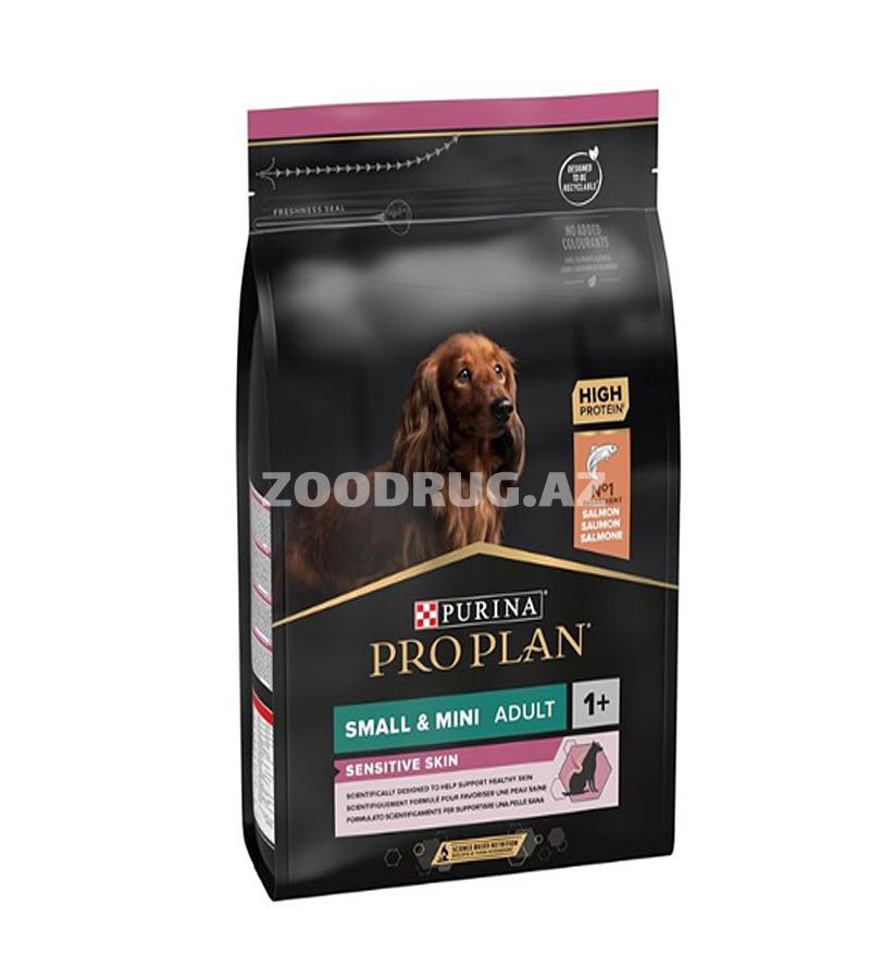 Purina Proplan Small Mini Adult Sensitive Skin Salmon quru yemi, salmon dadlı, həssas dəri olan yetkin kiçik cinsdən olan itlər üçün tam balanslı.