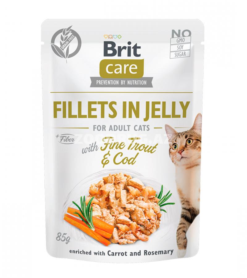 Влажный корм Brit Care Cat Pouch Trout&Cod in Jelly филе в желе с мелкой форелью и треской, обогащенное морковью и розмарином для взрослых кошек 85 гр.