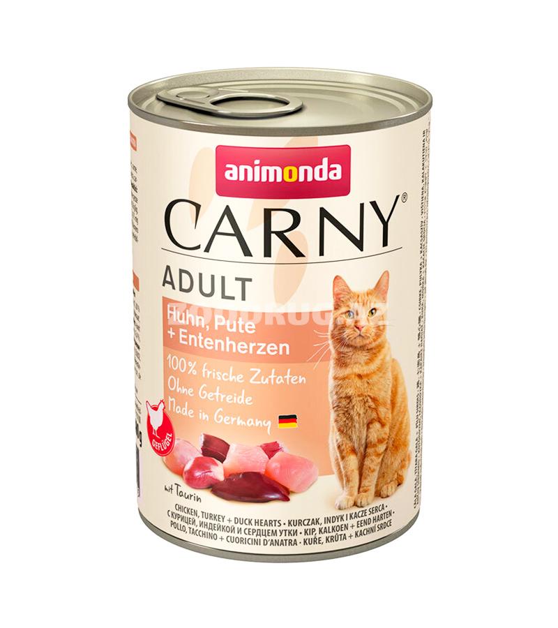 Консервы ANIMONDA CARNY ADULT HUHN, PUTE & ENTENHERZEN для взрослых кошек с курицей, индейкой и сердцем (400 гр)