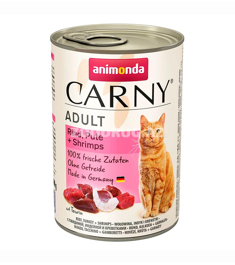 Консервы ANIMONDA CARNY ADULT RIND, PUTE & SHRIMPS для взрослых кошек с говядиной, индейкой и креветками (400 гр)