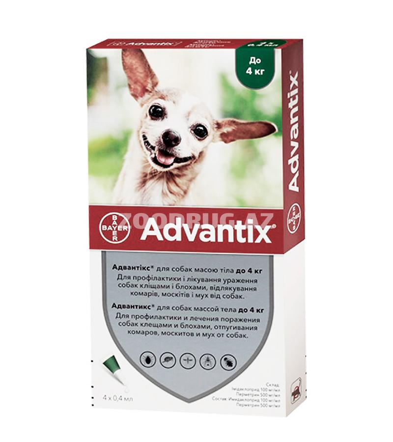 Капли ADVANTIX для собак весом до 4 кг против клещей, блох, вшей, власоедов и других насекомых (1 пип. 0,4 мл)