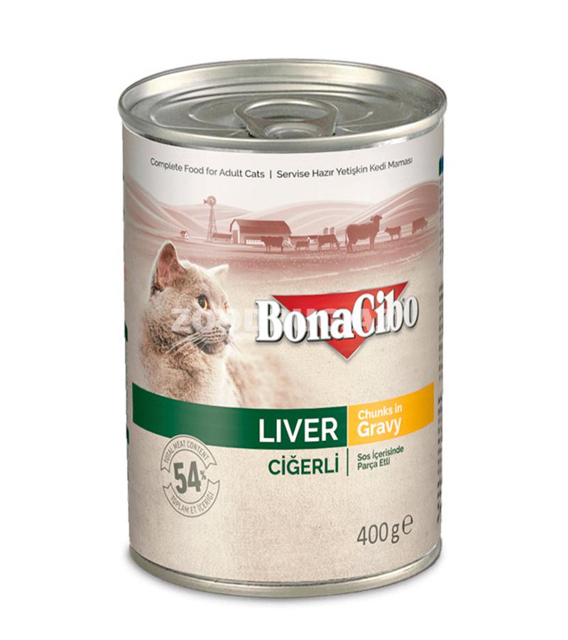 Консервы Bonacibo Cat Food Adult Liver кусочки мяса в соусе для взрослых кошек (400 гр)