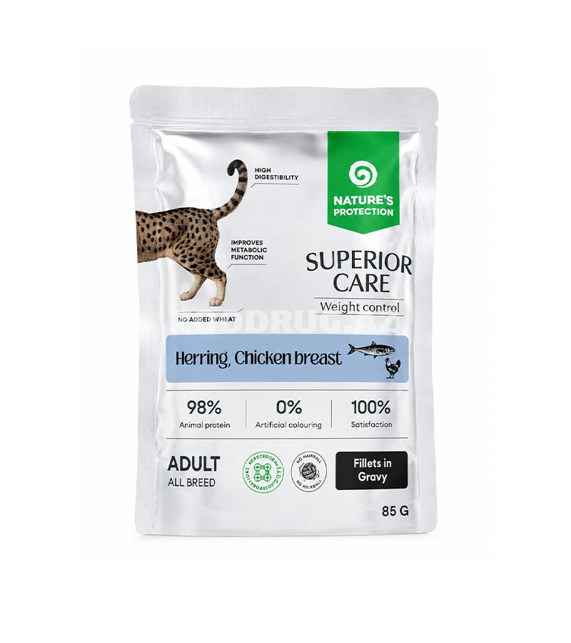 Yaş yem Nature’s Protection Superior Care Weight Control with Herring & Chicken Breast - siyənək və toyuq sinəsi ilə bütün cins yetkin pişiklər üçün zərif sousda yem 85 qr.