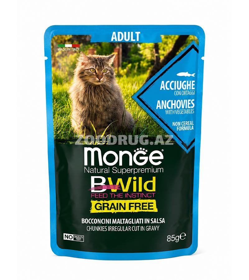 Yaş yem Monge BWild Grain Free Anchovies Adult - ançous və tərəvəzlərlə iştahaaçan sousda yetkin pişiklər üçün tam rasionlu dənsiz yem 85 qr #1277.