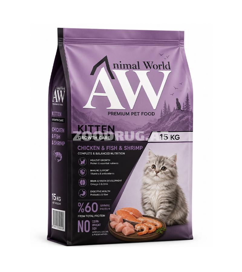Сухой корм Animal World Kitten Growth Care Chicken & Fish & Shrimp - для котят,  для здорового роста и гармоничного развития в первые месяцы жизни cо вкусом курицы,рыбы и креветки.