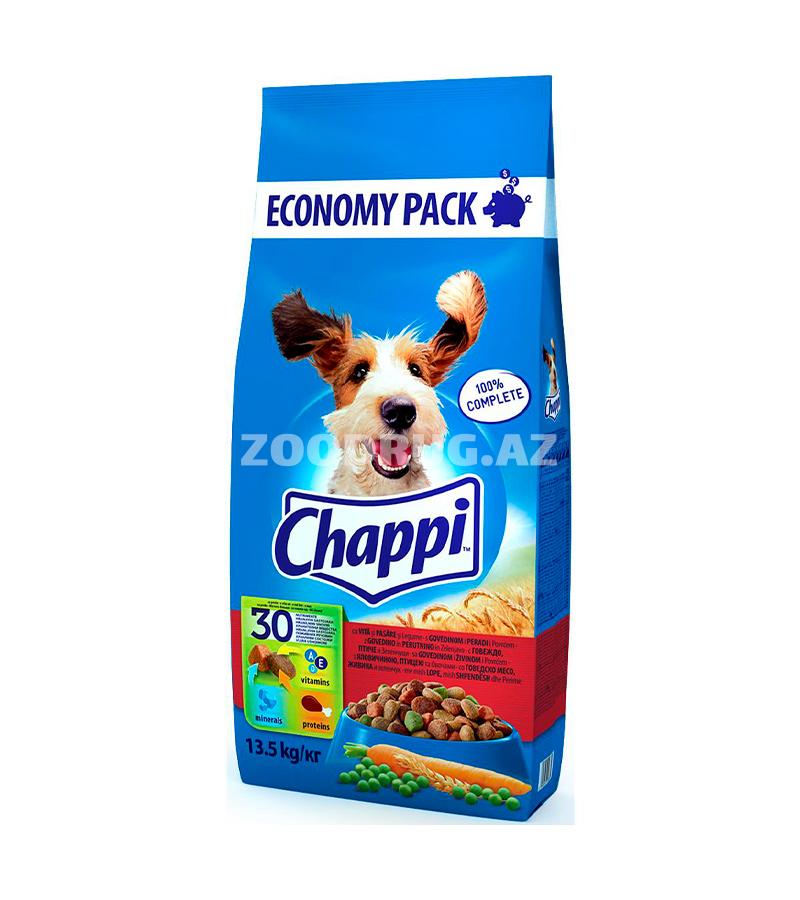 Сухой корм Chappi для взрослых собак со вкусом говядины, птицы и овощей.