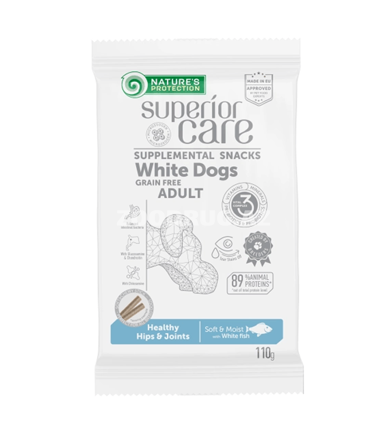 Лакомство для собак Nature's Protection Superior Care White Dogs Grain Free Healthy Hips & Joints  дополнительный беззерновой корм - снеки для взрослых собак с белой рыбой 110 гр.