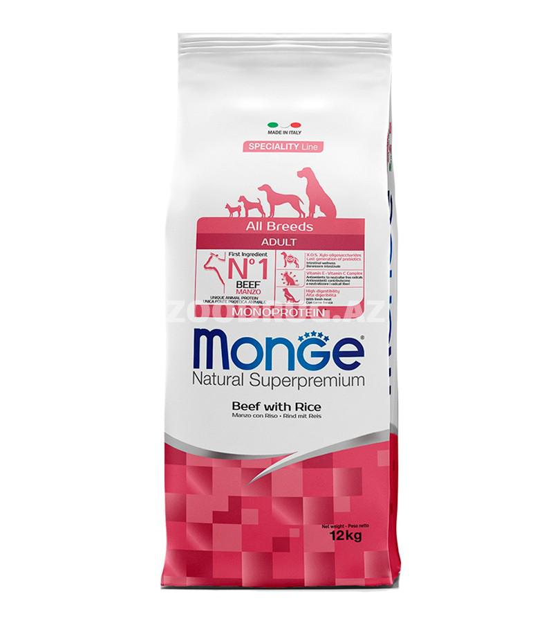 Сухой корм Monge Adult Dog Monoprotein Beef&Rice полноценный сбалансированный монобелковый рацион для взрослых собак всех пород со вкусом говядины и риса.