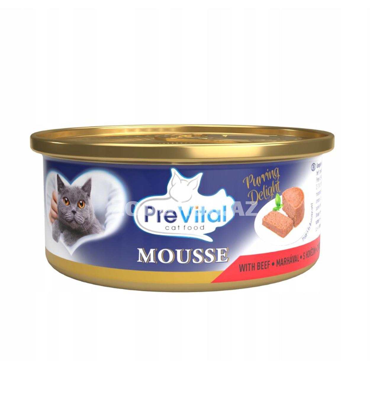 Влажный консервированный корм PreVital Mousse with Beef для взрослых кошек, мусс с говядиной, 85 г