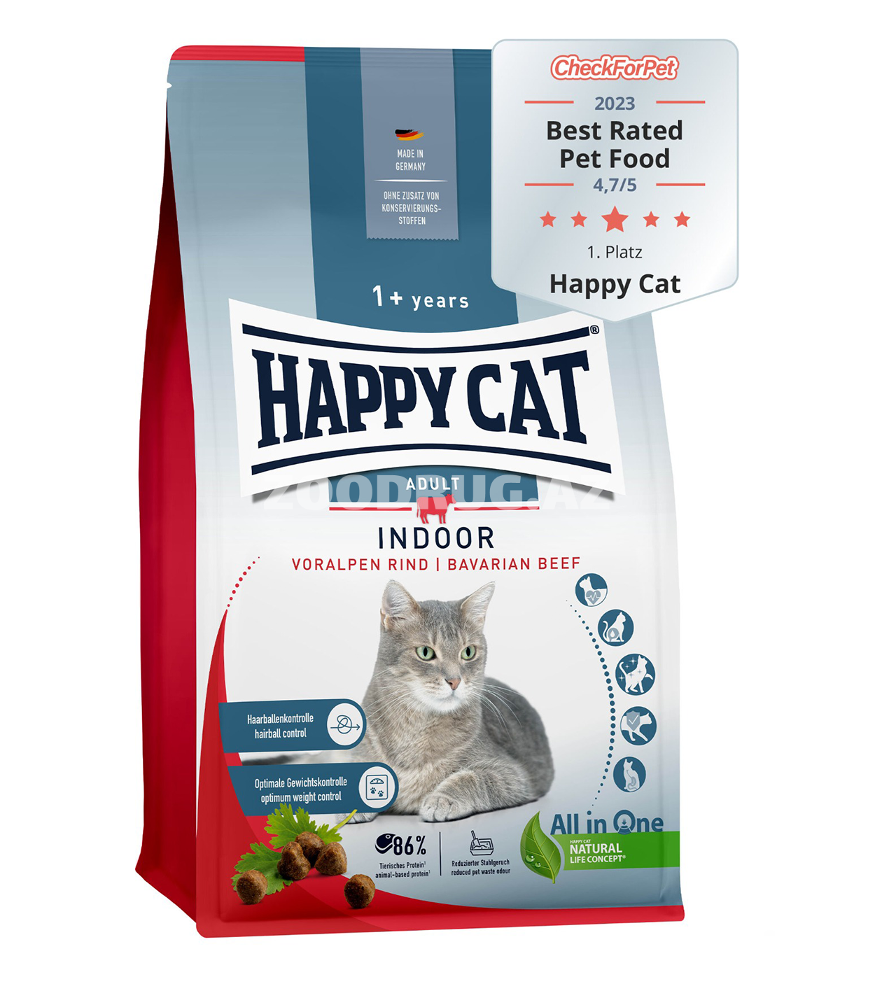 Happy Cat Indoor Adult Voralpen Rind – ev pişikləri üçün Bavariya mal ətindən hazırlanmış quru yem
