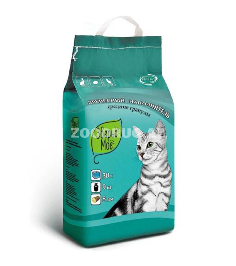 Древесный наполнитель Зверьё Моё, средние гранулы — натуральный и безопасный вариант для туалета кошек и мелких животных 9кг