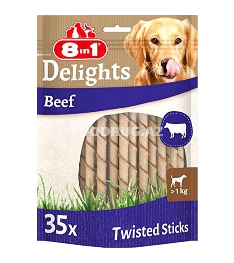 Лакомство 8in1 Delights Beef Twisted Sticks — это жевательные палочки, скрученные с натуральной говядиной, которые подойдут для ежедневного поощрения и длительного жевания.