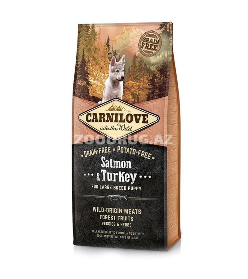 Сухой корм Carnilove Dog Puppy Large Breed Salmon & Turkey  полнорационный беззерновой корм с лососем и индейкой для щенков крупных пород.