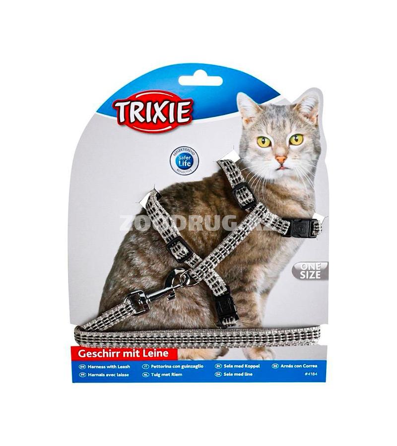 Шлейка светоотражающая Trixie с поводком для кошек. Цвета в ассортименте. Размер: 18-35 см.