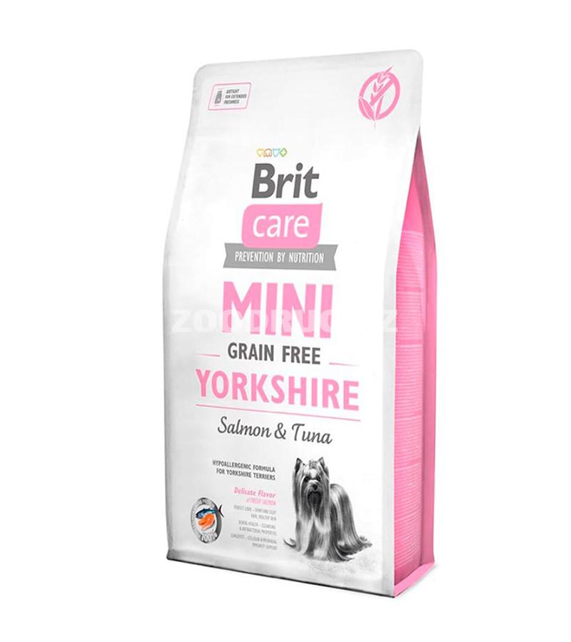 Сухой корм Brit Care Mini Grain Free Yorkshire Гипоаллергенный беззерновой корм на основе мяса лосося и тунца для собак породы йоркширский терьер.