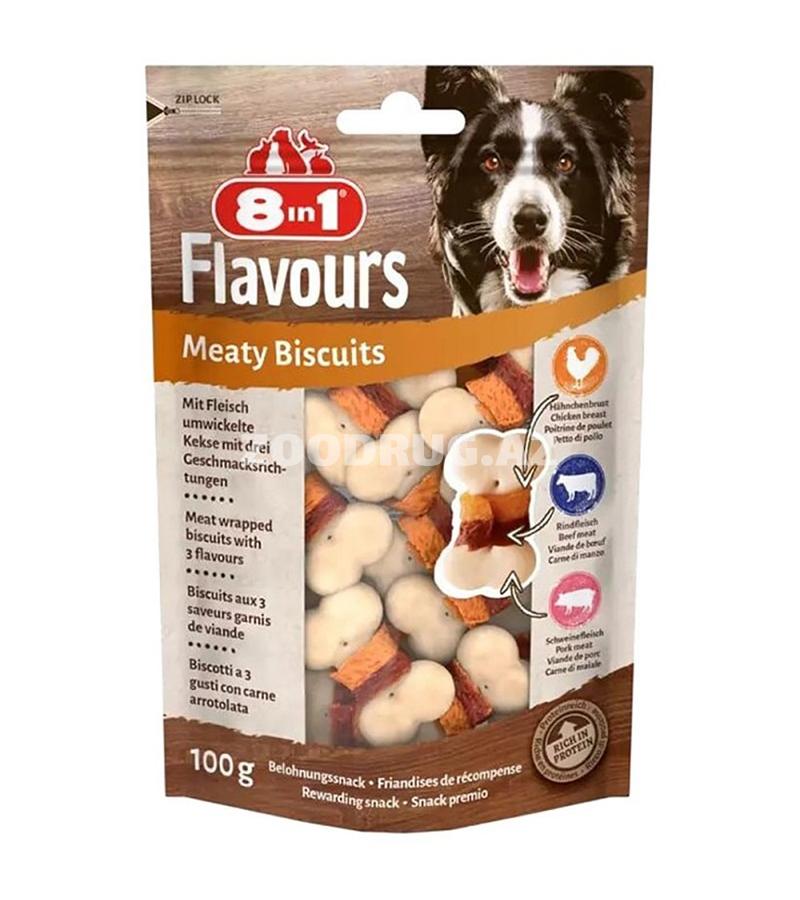 8in1 Flavours Meaty Biscuits — ətirli ət parçaları ilə örtülmüş xırtıldayan peçenyelərdir. Tərkibində üç dad bir aradadır: toyuq, mal əti və donuz əti.